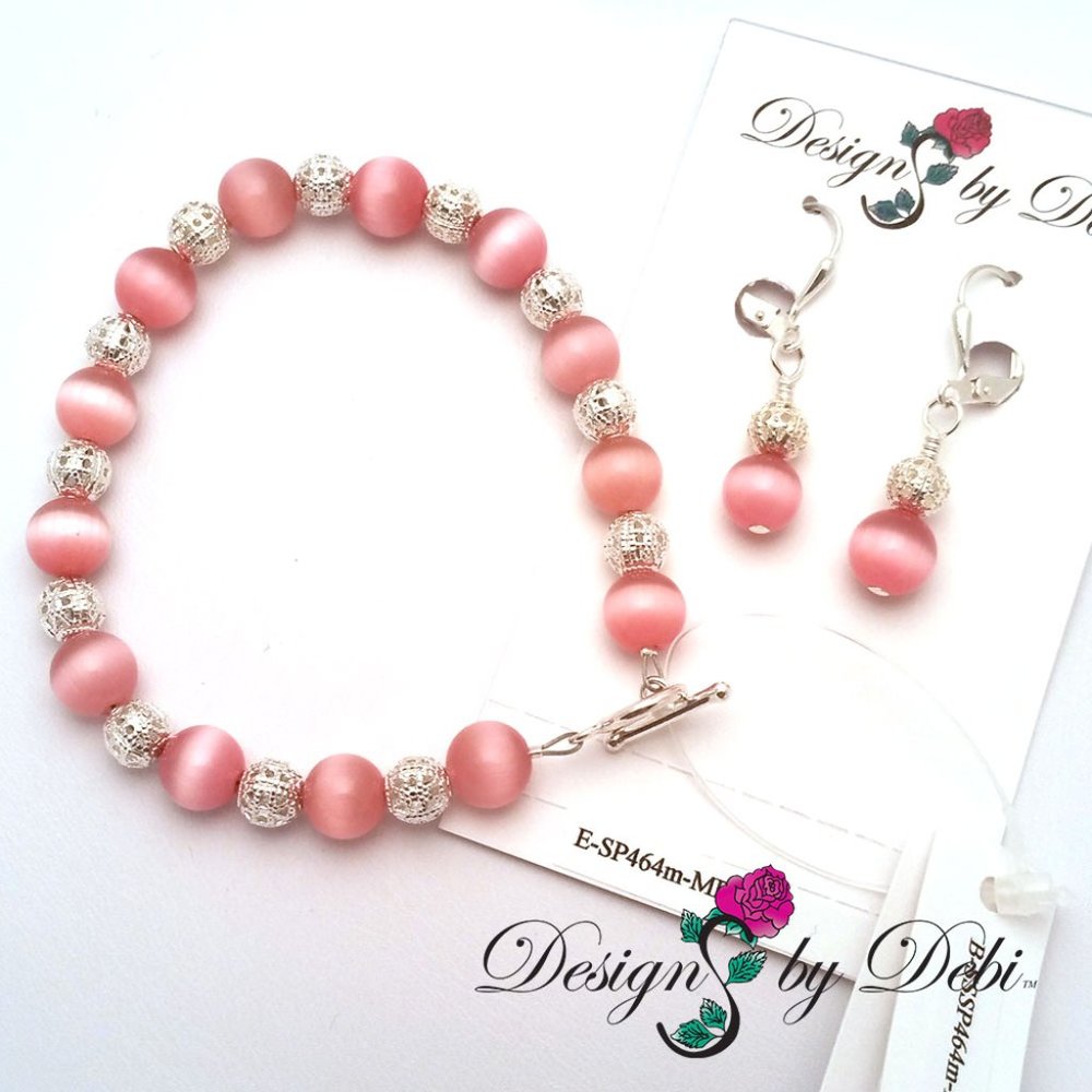 Pink Cat's Eye & Silver Filigree Bracelet/Earrings
